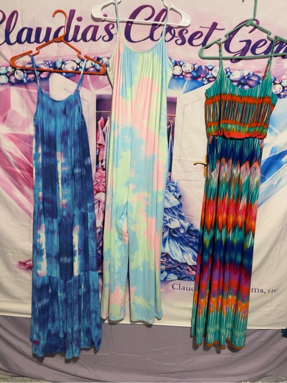 Women's small clothing bundle. 2 maxi dresses and a tye dye jumpsuit